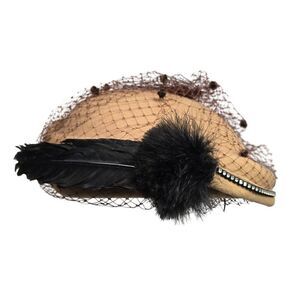 Vintage Ladies Tan Fascinator Hat Black Feather & Rhinestones Brown Veil